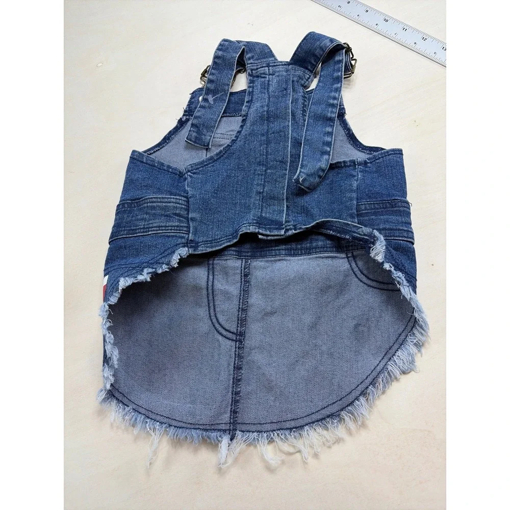 Patriotic Denim Dog Overall Dress American Flag Stars Stripes Blue S/M